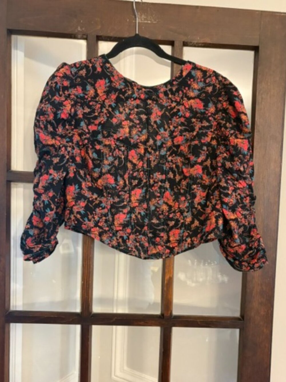 Free People Monica Cropped Top in Black Floral Print, Size Large